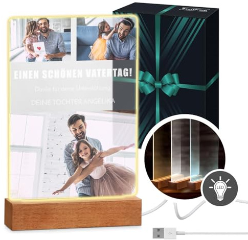 Maverton beleuchteter LED-Rahmen mit Holzständer - personalisiertes Acryl Glasbild mit eigenem Foto mit LED-Beleuchtung - Glasfoto für Männer zum Geburtstag - Größe: 15x24x4,5cm - Papa