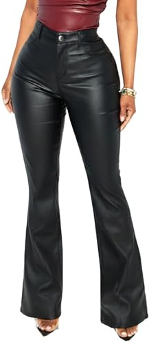 Navneet Women Faux Leather Pants PU High Waist Straight Leg Pant with Pockets Leather Leggings Bell Bottom Flare Pants, Matte Black, M