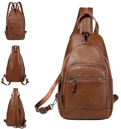 RAVUO Backpack for Women, Fashion Anti Theft Faux Leather Sling Crossbody Bag Ladies Convertible Shoulder Chest Bag Rucksack for Travel Hiking College,Brown