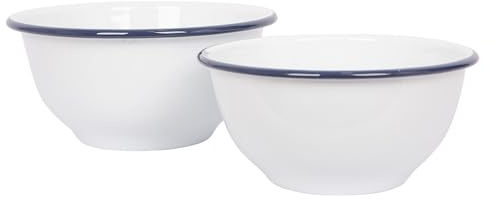 Argon Tableware 2 Piece Mixing Bowl Set - Blue Rim - Large White Enamelware Metal Nesting Kitchen Mixing Bowls for Baking, Cooking, Food Prep, Salad, Picnic, Camping & Outdoor Use - 1.6L & 1.1L