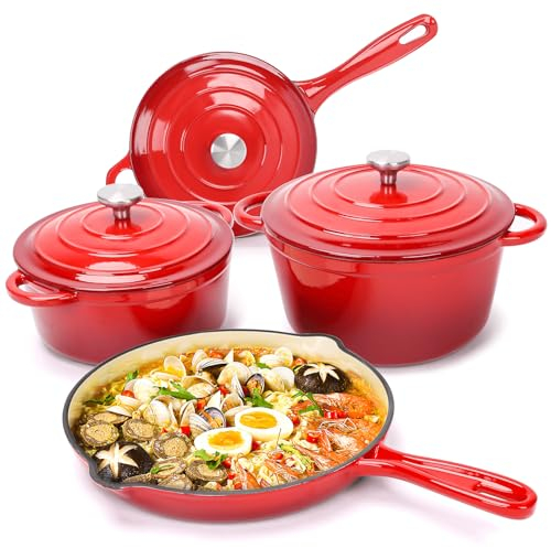 Hisencn Juego de utensilios de cocina de hierro fundido esmaltado, juego de 7 piezas de hornos holandeses, sartén, 3 tapas, juego de horno holandés, revestimiento antiadherente de cerámica,