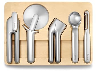 Caraway 5-Piece Kitchen Essentials - Stainless Steel Can Opener, Pizza Cutter, Garlic Press, Ice Cream Scoop, Vegetable Peeler, and Storage Organizer | Can Opener, Pizza Cutter, Garlic Press, Ice Cream Scoop, Vegetable Peeler, and Storage Organizer, Kitchen Essentials