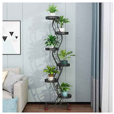 ASHSDI Blumenregal Indoor Mehrschichtiger Blumenständer Aus Metall, Pflanzenständer, Indoor-Outdoor-Blumenständer Mit Rädern Blumenregal Display Rack (Color : Black, Size : 146 * 47 * 27cm)