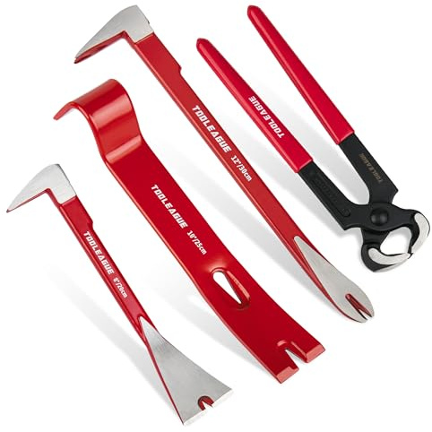 TOOLEAGUE 4 Pcs Pry Bar Set, 12 & 8 Cats Paw Nail Puller,10 Flat Claw Pry Bar,8-inch End Cutting Plier,Utility Wonder Crowbar,Woodworking Tools for Prying, Scraping, Lifting, Pulling