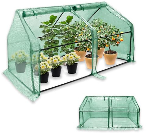 MAYTIIMO Mini Gewächshaus 180x90x90cm, Tomatengewächshaus mit 2 Rolltor Gewächshaus Balkon Hochbeet Abdeckung aus 140g/m² HDPE und Eisengerüst für Garten, Terrassen(Grüne Isolierabdeckung)
