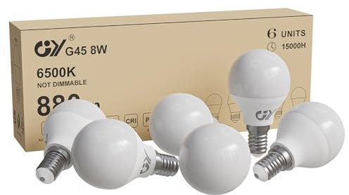 GY Ampoule LED E14 8W (équivalent 80W), 880 lumens 6500K Blanc Froid, G45 Ampoule E14 LED Efficacité Energétique, E14 LED Angle de faisceau de 280° Non-Dimmable, Lot de 6