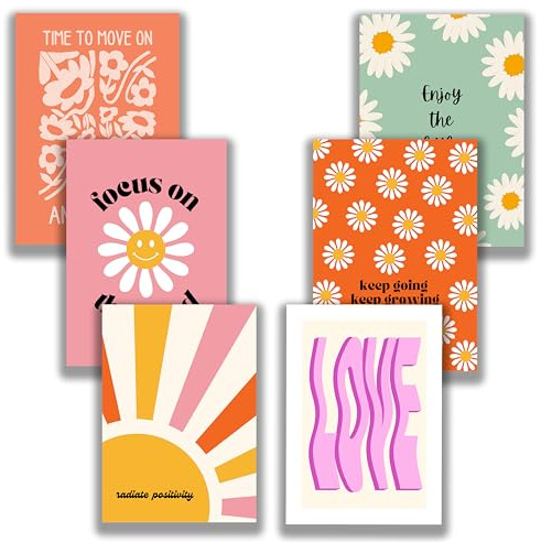 6er Poster Set - Wandbild für Wohnzimmer, Schlafzimmer Selbstfürsorge Wohlfühl-Sprüche Blumenmotiv Sonne Pastellfarben Hippie 60's Retro Deko Einrichtung Kunstdruck (30 x 40 cm, ohne Rahmen)