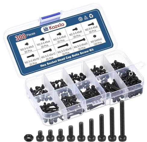 Kozelo 300 Stück M2,5 Zylinderschrauben mit Innensechskant Bolzen Muttern Sortiment Kit - [M2,5x3/4/5/6/8/10/12/16/20mm] Legierter Stahl Vollgewinde Schwarzoxid 12,9 Innensechskant