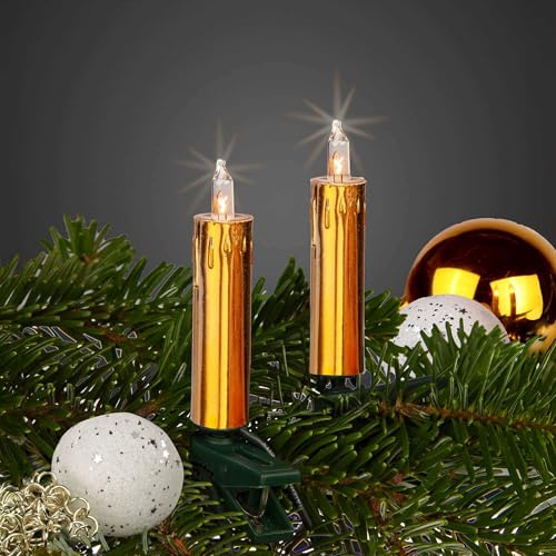 hellum 20er Minischaft Lichterkette mit Stecker, Lichterkette Weihnachtsbaum mit 20 warmweißen Lichtern, Kabel grün Kerzen gold mit Wachsoptik, Gesamtlänge 12,5 m mit 2x1,5 m Zuleitung 152494