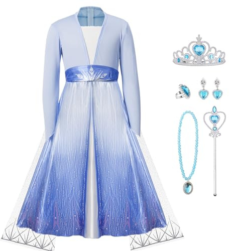 AUYAO Kostüme für Kinder Mädchen Kleid 6teiliges Set Kleid Kinder mit Krone Diadem Zauberstab Girls Princess Dress Costume Outfits für Weihnachten Verkleidung Karneval Halloween Geburtstag Party 150cm