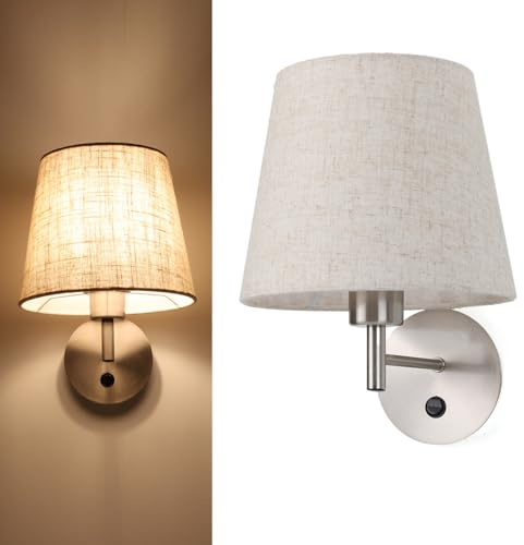 Alpinaluz Applique murale classique nickel satiné, lampe avec abat-jour en tissu beige clair et interrupteur avant, culot E27 pour chambre et tête de lit