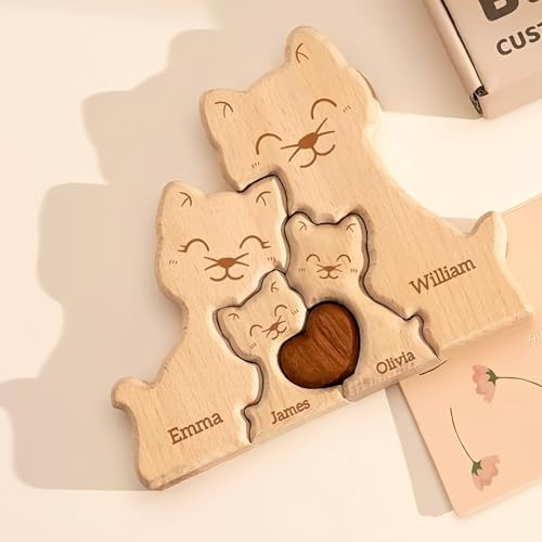 Drawelry Personalisiert Tierfamilie Holzpuzzle mit Namen Schnitzerei Skulptur Wald Wolf Fuchs Bär Kaninchen Welpe Katze Holzstatue Valentinstag Weihnachten Geschenk für Papa Mama Paar (Katze)