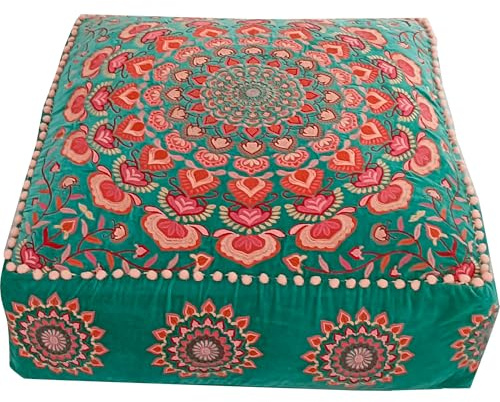 Mandala Life ART Türkis Pouf Ottomane Bezug mit Samtstickerei – weicher, bestickter Bodenkissen mit marokkanischem Design, 60cm Durchmesser, ideal für Wohnzimmer, Schlafzimmer oder Meditationsraum