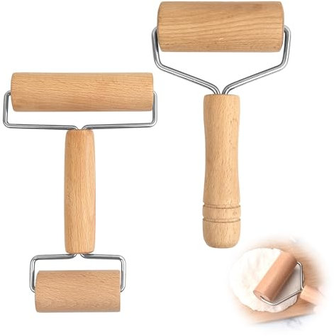 Rodillo Cocina, 2 Piezas Rodillo Antiadherente, Rodillo de Madera con Rodillos, Rodillo de Amasar Fabricado Color Natural en Madera de Haya, para Todas Masas Pizza Galletas