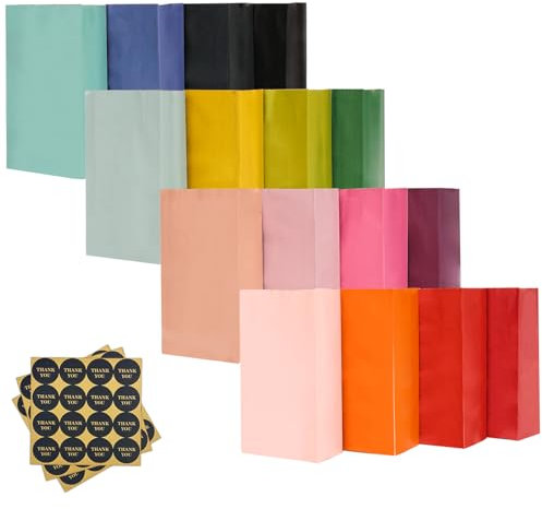 Gcardist 32Pcs behandeln Papiertüten 13x8x24CM 16 Regenbogen Farben Kleine Party Geschenk Tasche Mini Snack Tasche ohne Griff (5.1x3.1x9.4 Zoll, 32 Aufkleber enthalten)