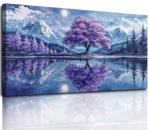 hyidecorart Lila Bäume Schneebedeckte Berge Wandbilder Wohnzimmer 50x100 cm, Leinwand Bild Natur Landschaft, Modern Wanddeko Aesthetic Schlafzimmer Badezimmer Büro Zimmer Esszimmer Flur Küche