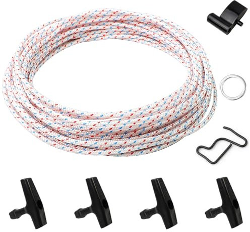 10M Starterseil Rasenmäher, Ersatz-Starterseil, Starter Seil 4MM, Motorteile Seil mit 4 Start Griff, Rückstoßstarterseil Kompatibel, Ziehen Schnur für Kettensägen Trimmer