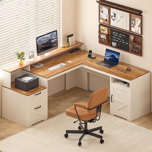 YOMILUVE 63 Farmhouse L Shaped Executive Desk with Drawers & Storage Shelf, Corner Computer Desk with Power Outlets, L Shaped Office Desk with Monitor Stand, Printer Shelf, Antique White