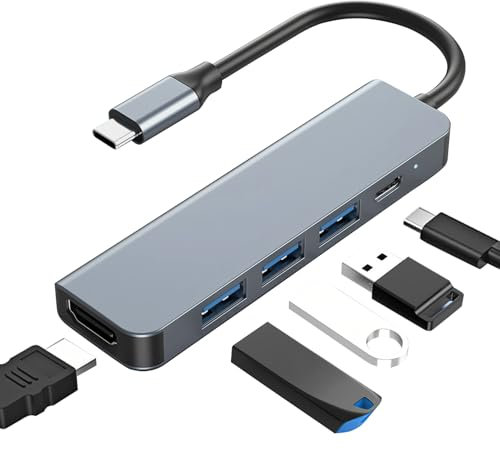 5 in 1 USB C Hub with 4K HDMI 100W PD USB C Dock Multiport Adapter 1 USB-A 3.2 GEN2 10Gbps & 2 USB-A 2.0 Aluminum Case Compatible with MacBook, i-Pad, i-Phone 15/16, Galaxy, XPS