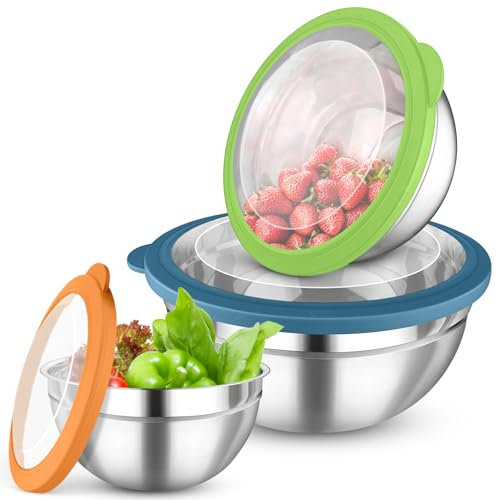 Onader Mixing Bowl Set of 3, Stainless Steel Salad Bowls with Lids, Metal Nesting Set for Kitchen Mixing, Serving, Baking & Food Storage, 18/22/26cm, Heavy Duty & Dishwasher Safe - Multicolor