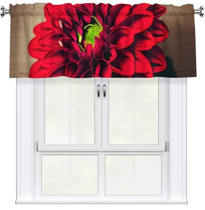 XTYGETY Holzbrett-Vorhänge, Retro-Blume, roter Dahlien-Druck, kurzer Fenstervorhang für Dekoration, Küche, Badezimmer, Wohnzimmer, Schlafzimmer