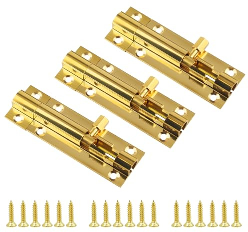 3 Pack Brass Door Bolts 3 Inch Door Bolts for Internal Doors, Bolt Lock with Stainless Steel Screws for Internal and External Doors Locks for Bedroom Bathroom Toilet Shed Gate Cupboards and Cabinets