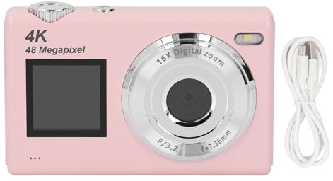 Fotocamera digitale 4K compatta autofocus 48mp fotocamera a doppio schermo filtro di bellezza portatile per studenti (Pink)