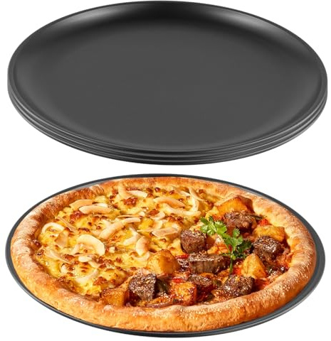 KOHAND 10 Inch Pizza Pans Set of 4, Stainless Steel Non Stick Round Baking Tray, Oven Pizza Trays for Baking Roasting Serving, Black