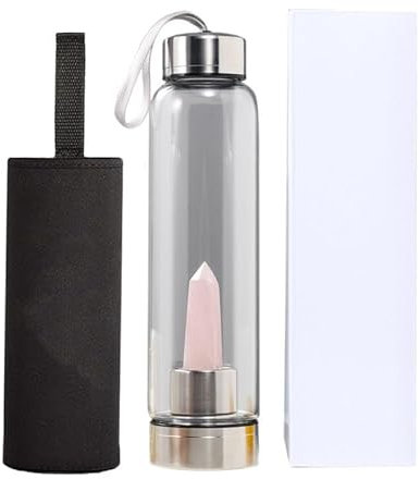 getuse Crystal Elixir - Bottiglia d'acqua con bacchetta infusa di ametista, 540 ml, in vetro, per energia curativa, meditazione, yoga e idratazione spirituale (rosa)