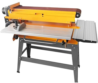 MSW Lijadora de banda 1100 W, mesa aluminio 790×220 mm antivibración, mesa lateral 520×220 mm para contornos, velocidad banda 616 m/min, brazo lijador inclinable, para madera, metal, bordes, eléctrico