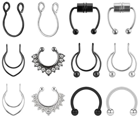 Josojoou 12Pcs Fake Nose Rings, Magnetic Septum Ring, Clip on Nose Ring Stainless Steel Non Piercing Jewellery Fake Septum Piercing for Women Men(Black, Silver)