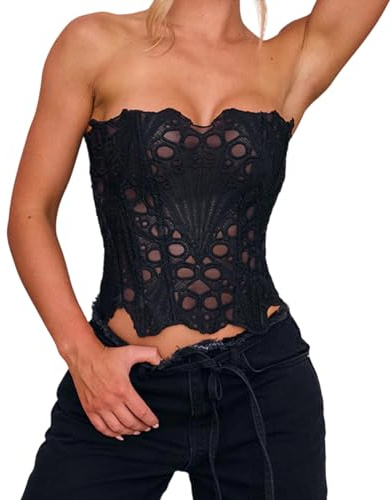 RUINIXCW Lacework Corset Top for Women Sexy Sleeveless Irregular Hollow Out Overbust Corset Top Boned Bustier Streetwear (Black, S)