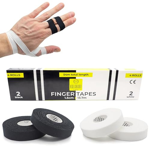 KALAHARI 4 rullar Fingertape extra lång (totalt 54 m), vit + svart. Sporttejp, Fingertejp, Volleyboll, Klättring tejp Handtejp, Physiotejp, Sport Tape, icke-elastisk, 100% bomull, 1,5 cm x 13,7 m