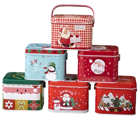 Set di 6 scatole di latta natalizie, riutilizzabili, in metallo, con manico, scatole regalo festive per biscotti, snack, cioccolatini, artigianato, feste, compleanni, cioccolatini, cioccolatini
