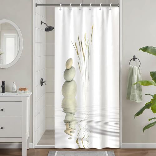Uiiooazy Tenda da Doccia Antimuffa 90x180cm Spa Pietra Grigio Zen Ciottoli | Tenda da Doccia Giapponese Pianta Meditazione Impermeabile Tessuto in Poliestere Lavabile per Vasca da Bagno con 6 Anelli