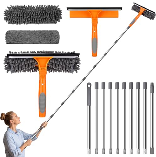 Acsatont 2-in-1-Fensterreinigungsgerät, 24cm~390cm Extra Lange Fensterputzer Set, Teleskop Fensterwischer Abzieher Set, Fensterreinigungsset mit drehbarem, biegbarem Kopf (Gewinde + Teleskop)