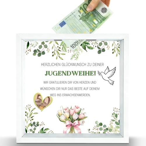 Jugendweihe Geschenke 22X22cm, Geldgeschenk Jugendweihe, Spardose Bilderrahmen, Bilderrahmen Geldgeschenk, Perfektes GeldgeschenkJugendweihe (Weiß)