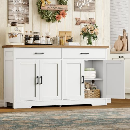 TEENFON 120 cm (B) Sideboard, 80 cm (H) Küchenschrank mit Arbeitsplatte, Buffetschrank mit 2 Schubladen & Verstellbaren Regalen, Küchenzeile für Küche, Wohnzimmer & Flur - 120 x 30 x 80 cm - Weiß