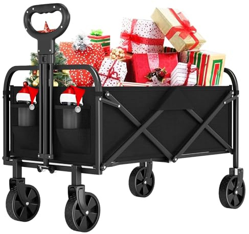 Carro Plegable con Ruedas Grandes Todoterreno - Carro Playa con Carga Máxima de 172 kg - Ideal para Playa, Jardín y Camping - Asa Ajustable - Transporte de Herramientas o Juguetes - Negro