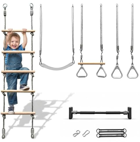 HyperMotion Klettergerüst 5in1 Kinder Indoor Outdoor – Türreck mit Strickleiter, Schaukel, Turnringen & Trapezstange aus Buchenholz, höhenverstellbar, ab 3 Jahren, bis 100 kg
