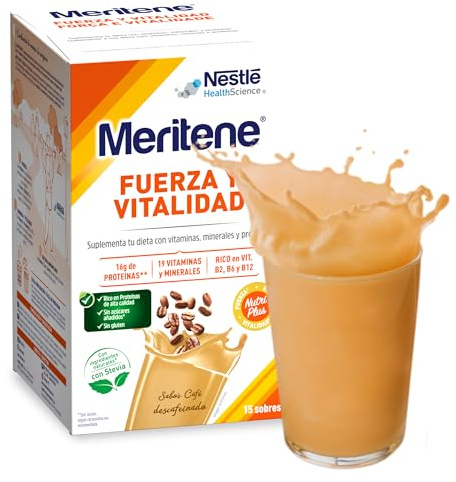 Meritene | Fuerza y Vitalidad | Batidos Sabor Café Descafeinado | Fuerza para tus Músculos, Vitalidad para ti | Nutrición para Adultos con Proteínas, Vitaminas y Minerales | 15 Sobres | 450 gr