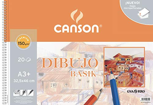 Canson Dibujo Basik, Papel de dibujo blanco, Grano fino, 150gsm, Espiralados sobre el lado corto, 32,5x46cm, Blanco natural, 20 Hojas