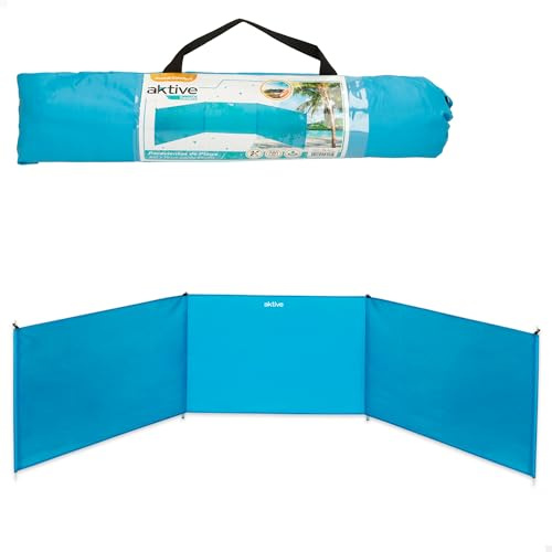AKTIVE Strand-Windschutz, 300x75/85 cm, Blau, 3 Paneele, 170T Polyestergewebe, UV30-Schutz, Aluminiumstangen, Inkl. 4 Heringen, Tragetasche mit Griff, Faltbarer Windschutz (53441)