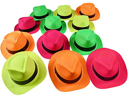 NOVELTY PLACE Sombreros de fiesta de plástico Fedora de neón con estrellas de fiesta, estilo gángster y luz negra UV, para niños y adultos (paquete de 24)