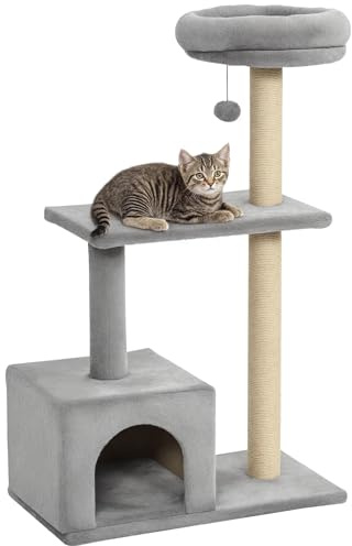 PawHut 96 cm Kratzbaum, Sisal, Kratzbaum, Katzenturm, Spielhaus, baumelnder Ball, Grau