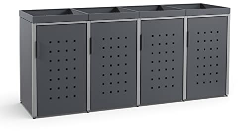 MEISTERBOX – 4er Mülltonnenbox Mülltonnenverkleidung mit Pflanzdach - 120L - Korpus & Dach Anthrazit/Pfosten Signalgrau