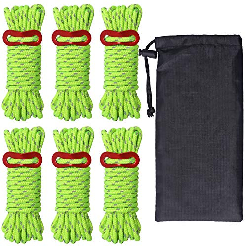Hikeman 6 Pack 4mm Outdoor Guy Lines Tent Cords Lightweight Camping Rope with Aluminum Guylines Adjuster Tensioner Pouch for Tent Tarp, Canopy Shelter, Camping, Hiking, Backpacking