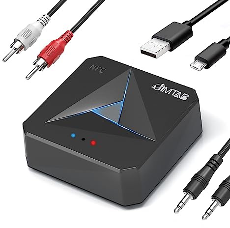 JIMTAB Adaptador Receptor transmisor Bluetooth 5.1 portátil HiFi inalámbrico Audio AUX Adaptador micrófono Integrado NFC para proyector, Coche, TV, Altavoz, teléfono, Auriculares Bluetooth (Negro