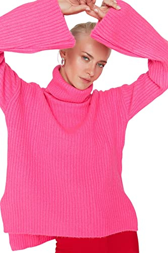 Trendyol Turtleneck Plain Oversize Sweater Sudadera, Fucsia, S para Mujer