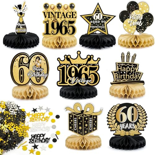 BETESSIN 60. Geburtstag Deko Männer Schwarz Gold - inkl. 9 Stück Bienenwabe Mittelstück und 15g Happy Birthday Konfetti - Tischdekoration zum 60. Geburtstag für Männer und Frauen